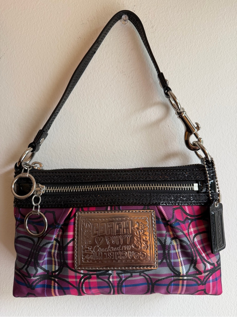 Coach Poppy Tartan Plaid Graffiti Wristlet Mini Bag Y2K Pink Purple - Picture 13 of 14